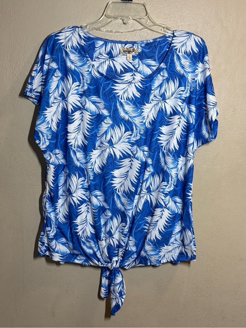NWOT One World Blue Tropical Leaf Tie-Front Top Sz XL